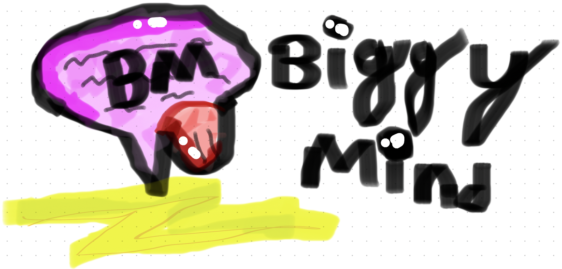 An early hand-drawn sketch of a rounded blob character labeled 'BM,' with the handwritten words 'Biggy Mind' next to it -- the drawing Biggy's actual shape came from, inspired by the already-existing Biggymind name.